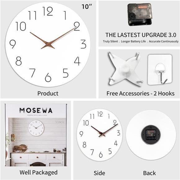 Wall Clock Silent Non-Ticking 10 Inch Battery Operated Modern Style Wooden White - Picture 5 of 5